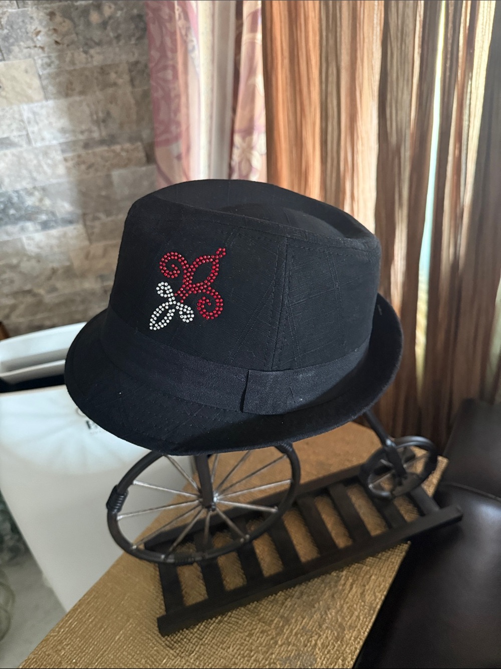 Men's Black Trilby Hat with Red & Silver Crystal Detail
